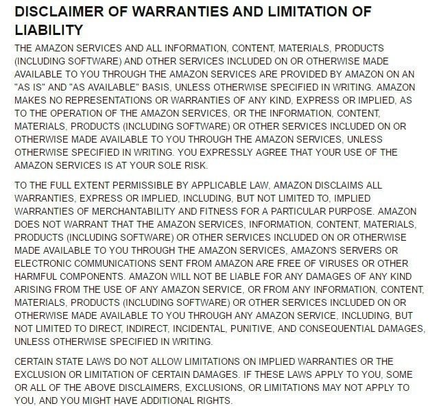 Disclaimer of warranties from Amazon Conditions of Use