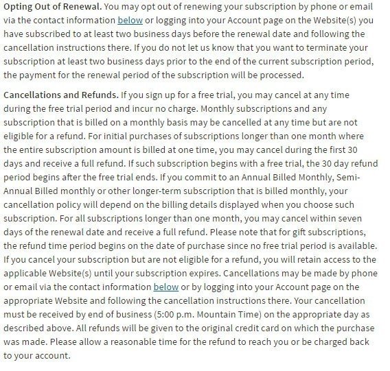 Opt-out of renewal subscription in Ancestry Terms and Conditions