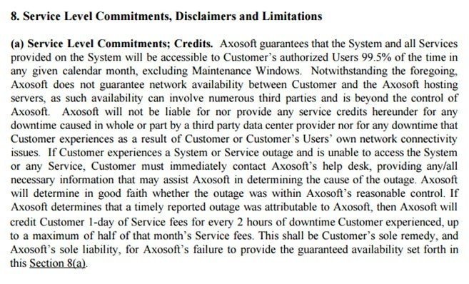 Axosoft: Service Level Commitments in SaaS agreement