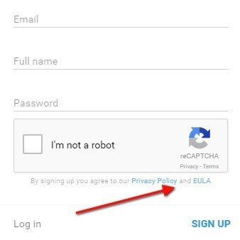 Example of clickwrap sign-up: I agree to Privacy Policy and EULA