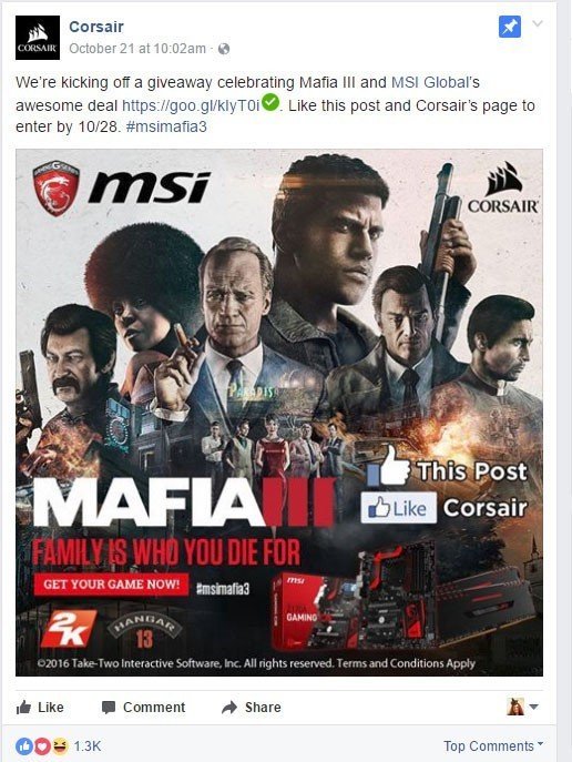 Example of Facebook sweepstakes from Corsair