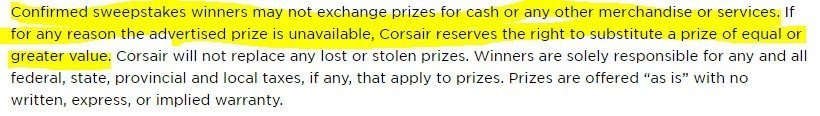 Corsair: No substitution in sweepstakes