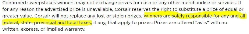 Corsair: Tax responsibility of sweepstakes