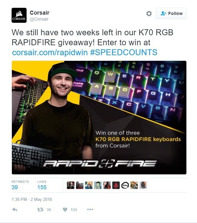 Twitter sweepstakes from Corsair example