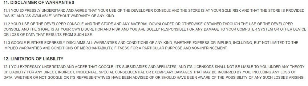 Disclaimer of warranties clause in Google Play Store Distribution Agreement