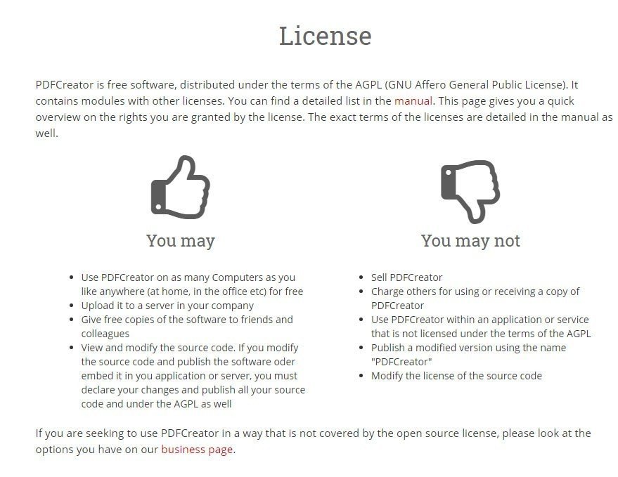 Screenshot of PDFCreator GNU License page