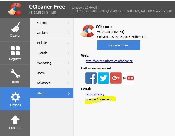 Highlight license agreement link on Piriform CCleaner Free