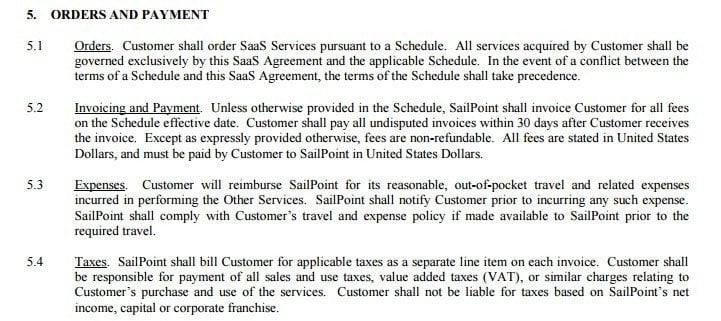 Sailpoint: Orders and Payment clauses in SaaS agreement
