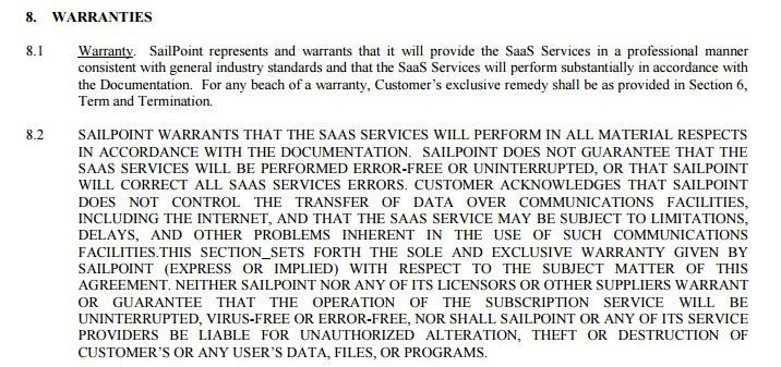 Sailpoint: Warranties in SaaS agreement