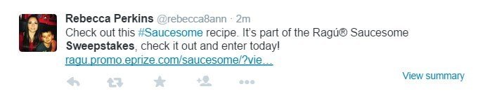 Example of sweepstakes in tweet from Saucesome