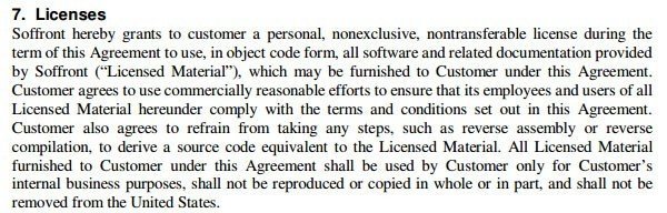 Soffront: Licenses clauses in SaaS agreement