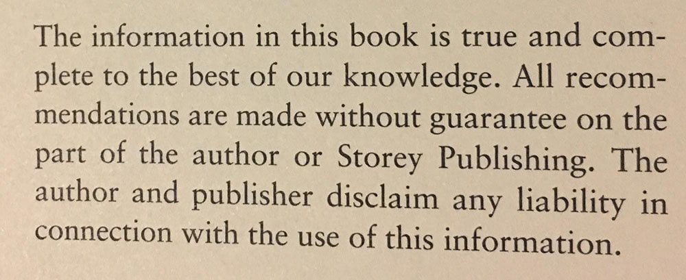 Example of disclaimer in book by Storey Publishing