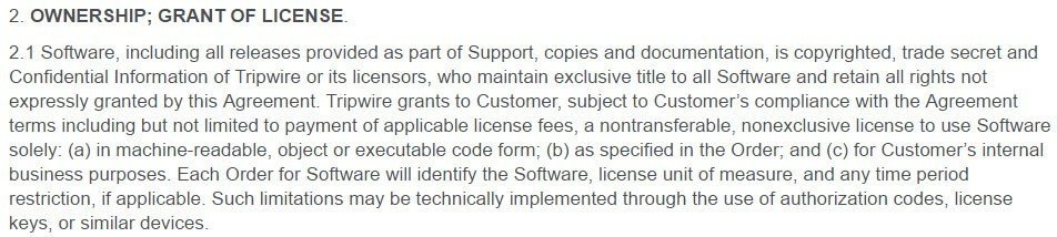 Tripwire EULA: Ownership and Grant of License clause