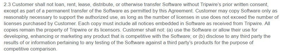 Tripwire EULA: Restrictions on Distributions and Copies