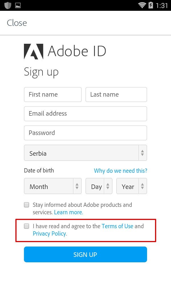 Adobe ID Sign-up screen: Clickwrap example with agree to Terms and Privacy Policy