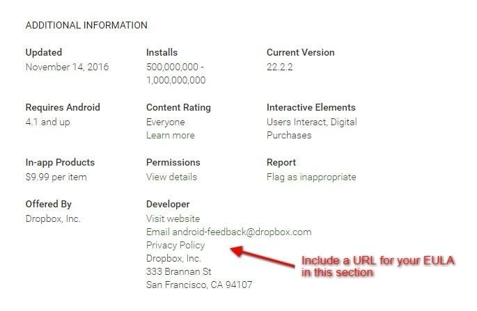 Include the URL to your EULA on the Profile page of your app