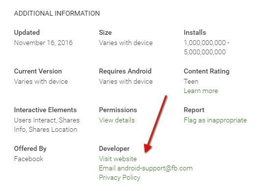 Facebook Android App on Play Store: Link to Privacy Policy