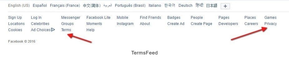 Facebook website footer with links to Terms and Privacy