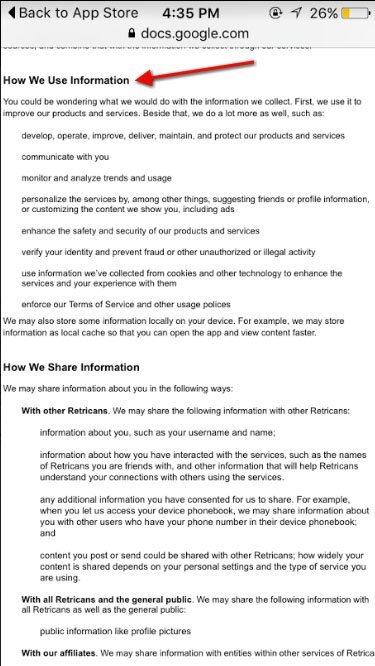 How we use information clause in Privacy Policy of Retrica