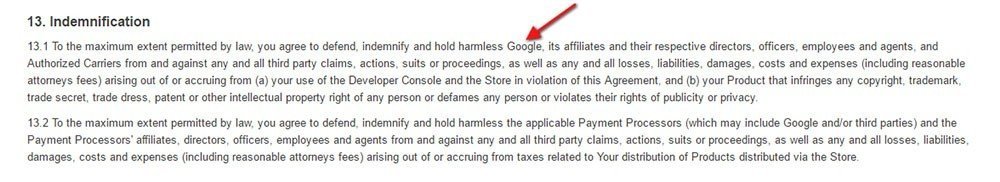 Example of indemnification clause from Google Play Store Developer Distribution Agreement