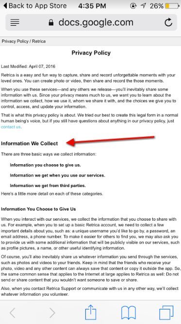 Information we collect clause in Privacy Policy of Retrica