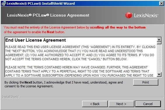 LexisNexis PCLaw License Agreement window