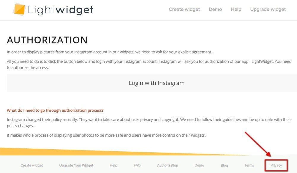 Screenshot of Lightwidget page with highlight on link to Privacy
