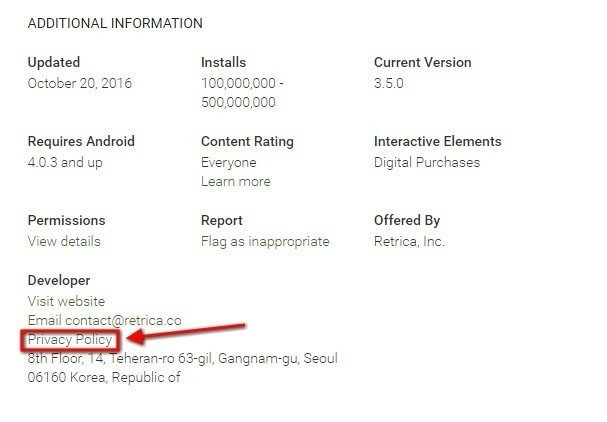 Retrica app on Google Play: Highlight Privacy Policy link