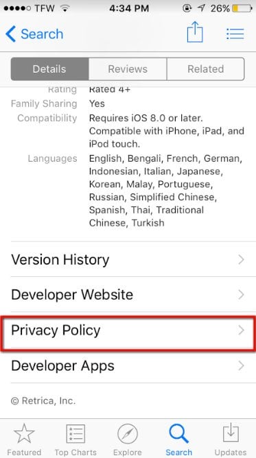 Retrica iOS app in App Store: Highlight Privacy Policy