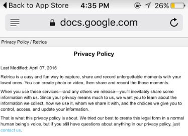Retrica Privacy Policy: Website open screenshot
