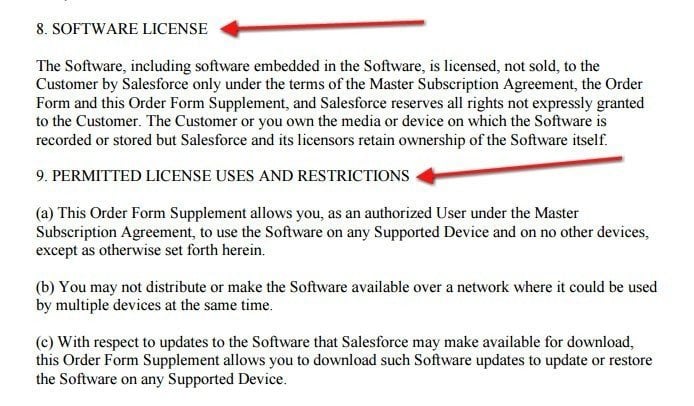 SalesforceIQ EULA: Software license and Permitted license clauses