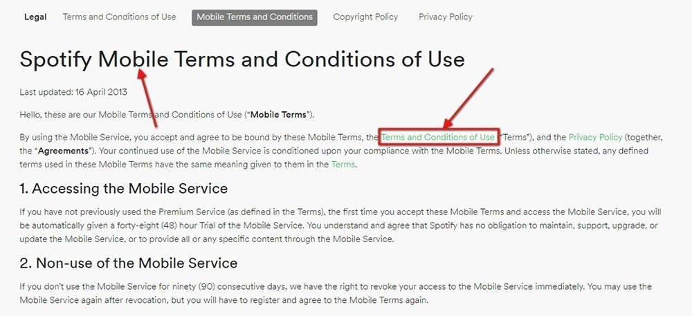 Spotify Mobile Terms and Conditions of Use: References of mobile and Original agreement