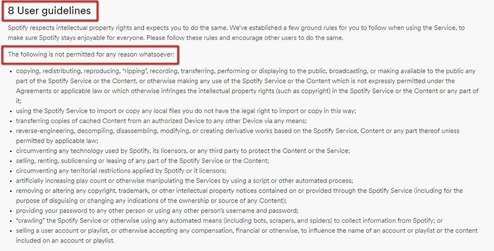 The User Guidelines in Spotify Terms and Conditions of Use