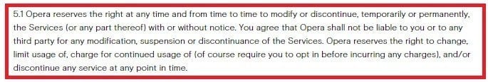 Termination clause in Opera Mini EULA agreement