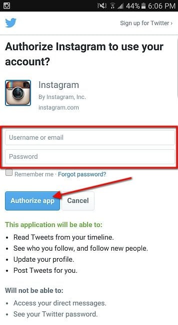 Twitter: Authorize Instagram