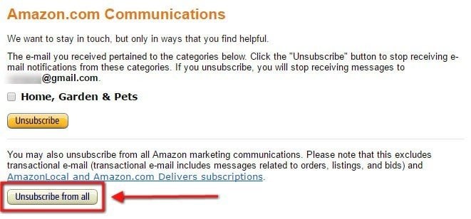 Amazon: Unsubscribe page: Unsubscribe from all link