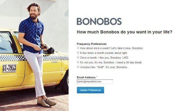 Landing page to unsubscribe from Bonobos email list