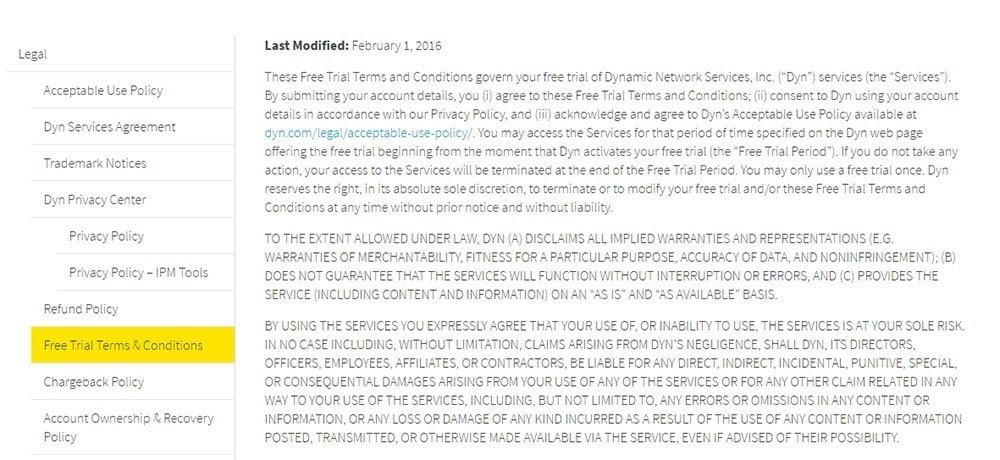 Screenshot from Dynamic Network Services Free Trial Terms &amp; Conditions