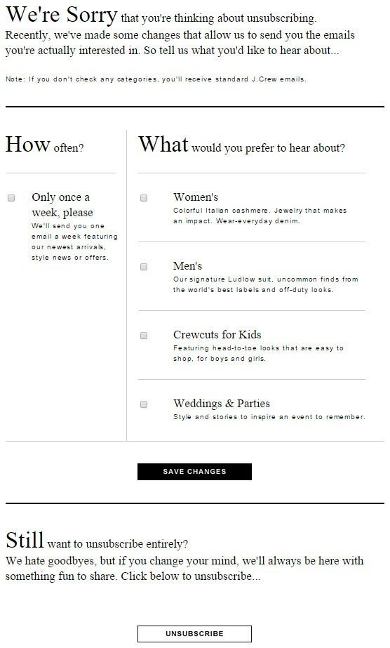 Landing page to unsubscribe from J Crew email list