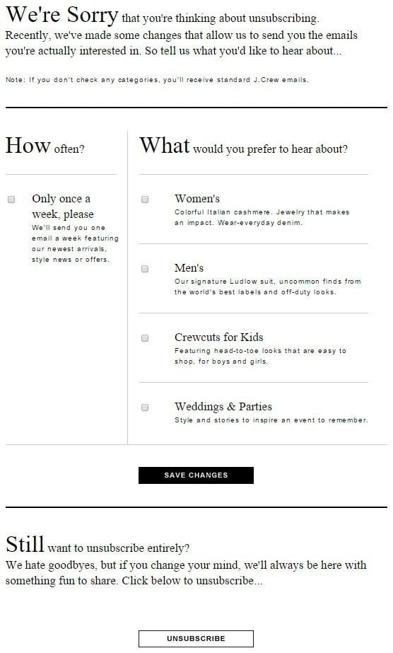 Landing page to unsubscribe from J Crew email list