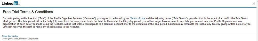 Screenshot from LinkedIn Free Trial Terms &amp; Conditions