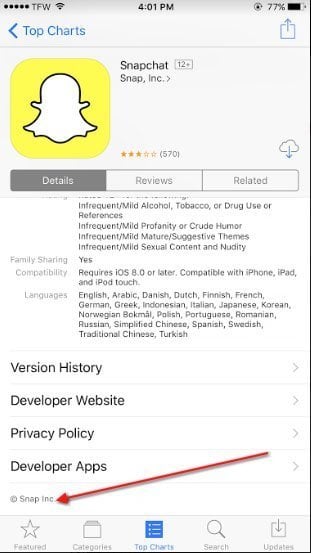 Snapchat: Highlight the copyright notice in Apple App Store