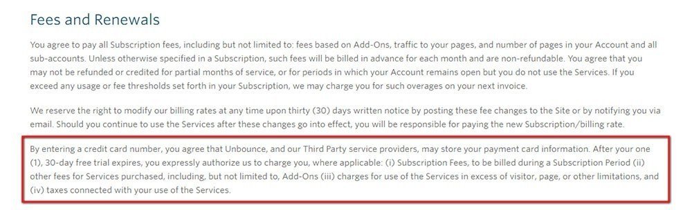 Unbounce: Free Trial terms at Fees and Renewals in Terms &amp; Conditions