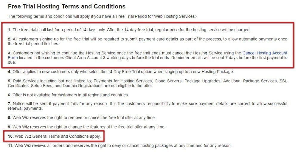 Screenshot from Web Wiz Free Trial Terms and Conditions