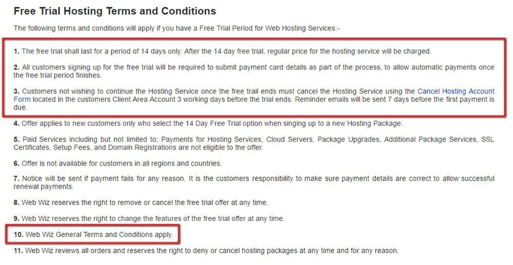 Screenshot from Web Wiz Free Trial Terms and Conditions