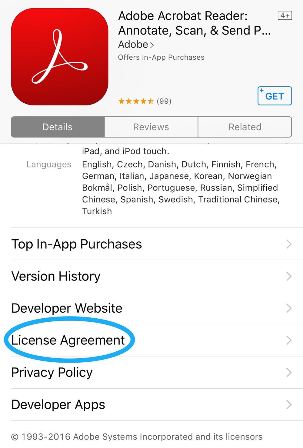 Adobe Acrobat Reader: App Store profile page: License Agreement