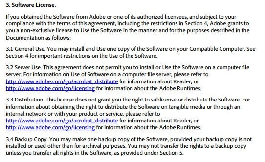 Adobe Acrobat Reader: EULA: Software License clause