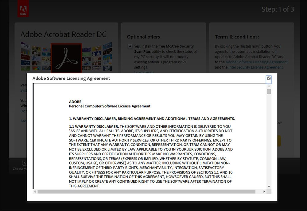 Adobe Acrobat Reader: Window of EULA