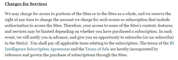 Business Insider UK: Terms of Use and Charges for Services clause