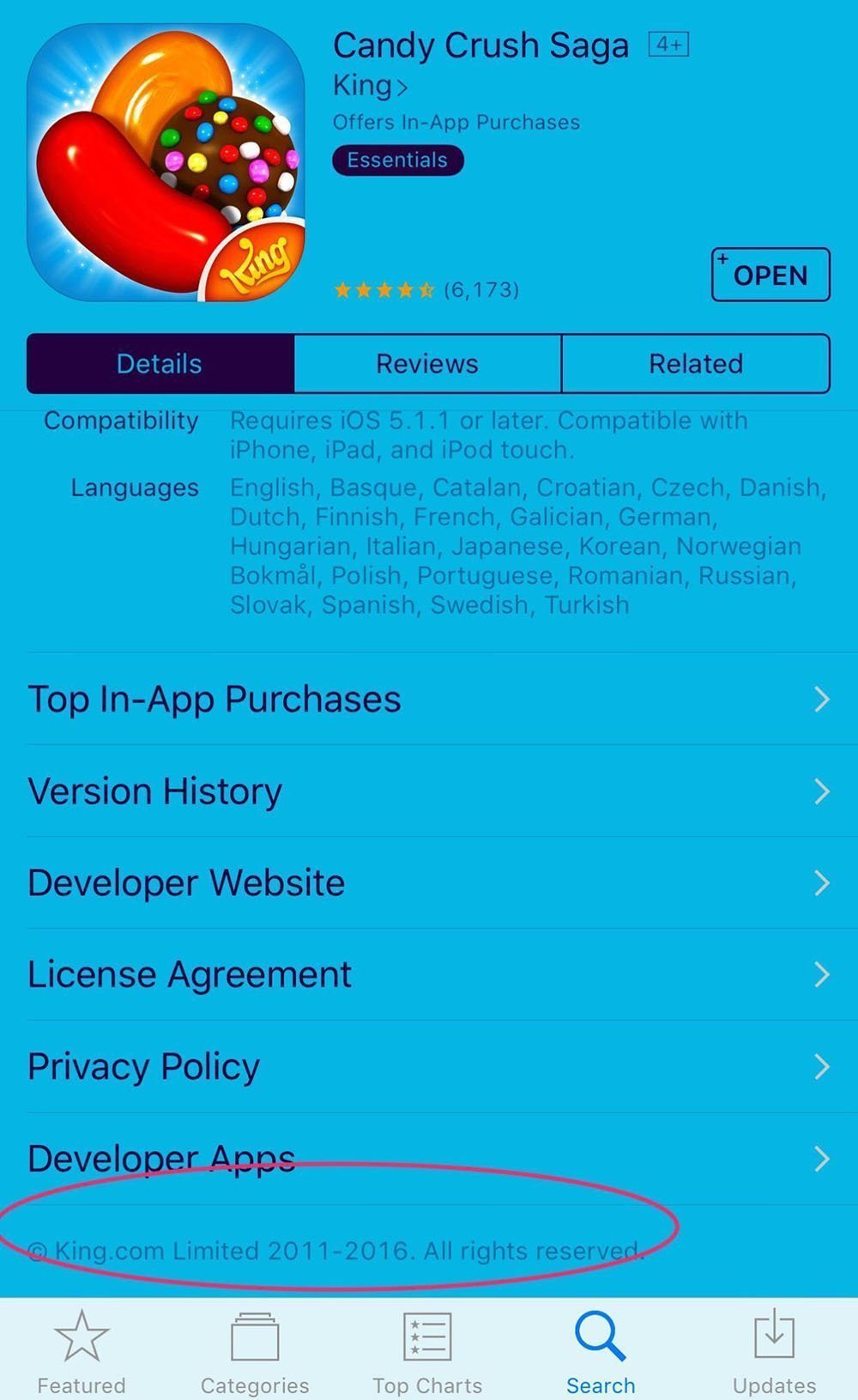 Candy Crush Saga mobile game on App Store: Copyright notice on profile page